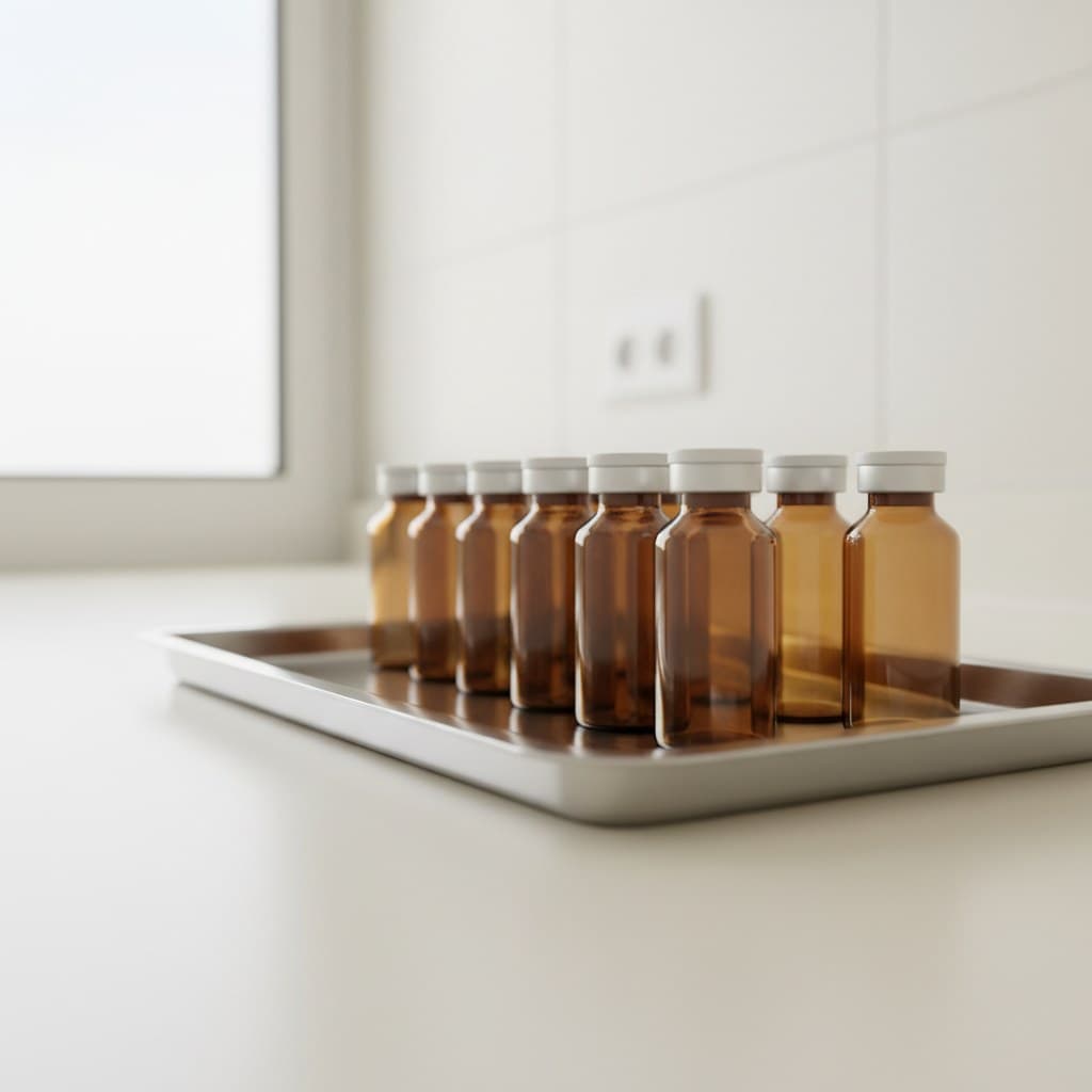 Row of amber pharmaceutical vials with white caps on a stainless steel tray in a sterile laboratory