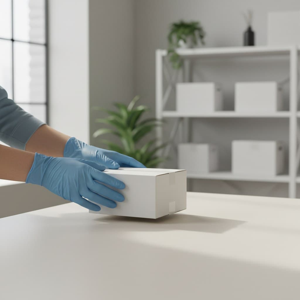 Gloved hands carefully placing a clean white cardboard shipping box on a minimalist fulfillment surface